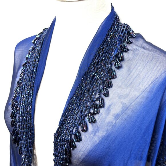Beaded Royal Blue Sheer Triangle Shawl Scarf 37” x 37” x 61” - Picture 5 of 13
